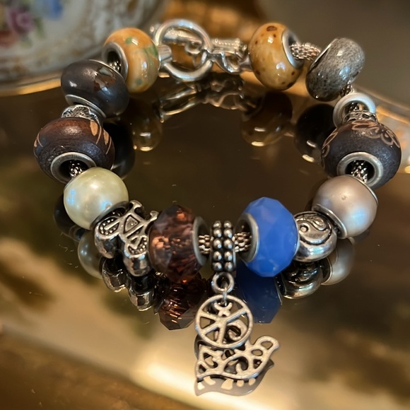 Vintage Bicycle Peace Sign Dove Bicycle Yin Yang Pandora Style  Toggle Bracelet - Picture 1 of 5
